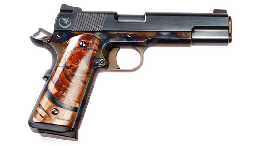 A gun with a wooden grip and a blue finish, designed to comply with BATFE regulations.