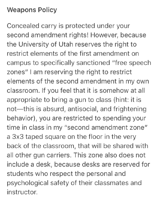 University of Utah instructor ostracizes concealed carriers weapons policy
