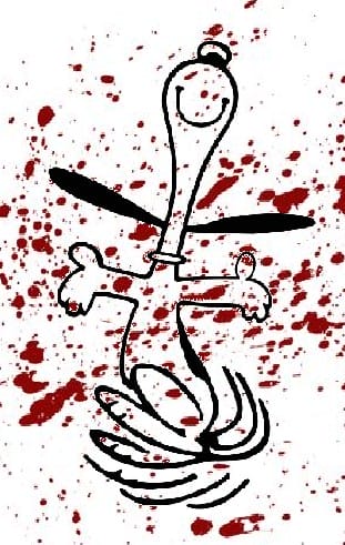 A drawing of Snoopy with blood splatters on his face, raising red flags at the MS Courthouse.