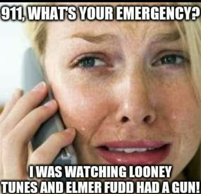A woman talking on the phone with the caption 911 what's your emergency? i was watching looney tunes and el, seeking urgent assistance in a state of trauma.