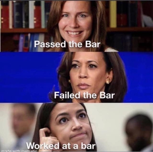 A group of people with the caption passed the bar failed the bar worked at a bar.
