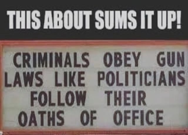 Criminals obey gun laws like politicans follow their oaths of office