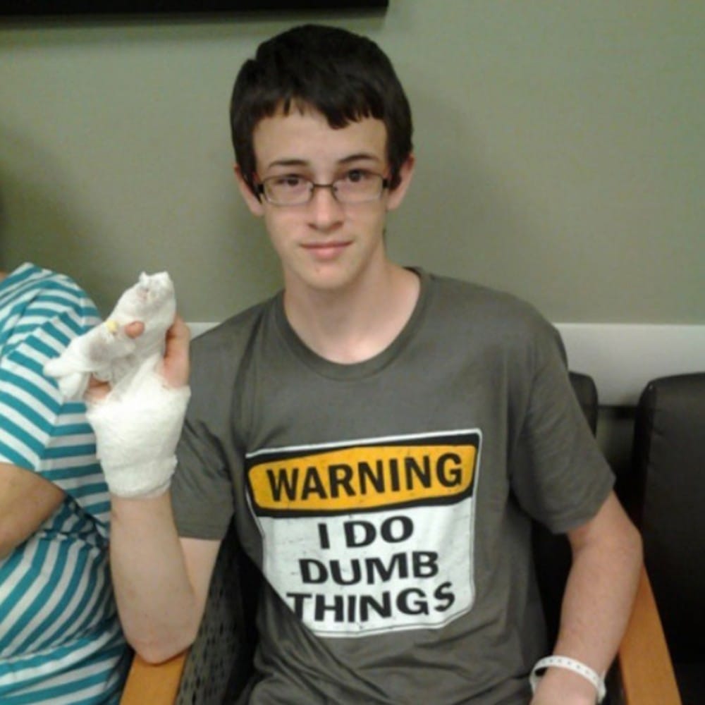 In hospital with "I do dumb things" tshirt