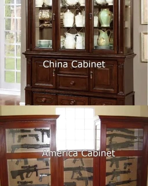 China Cabinet compared to "America Cabinet" filled with guns