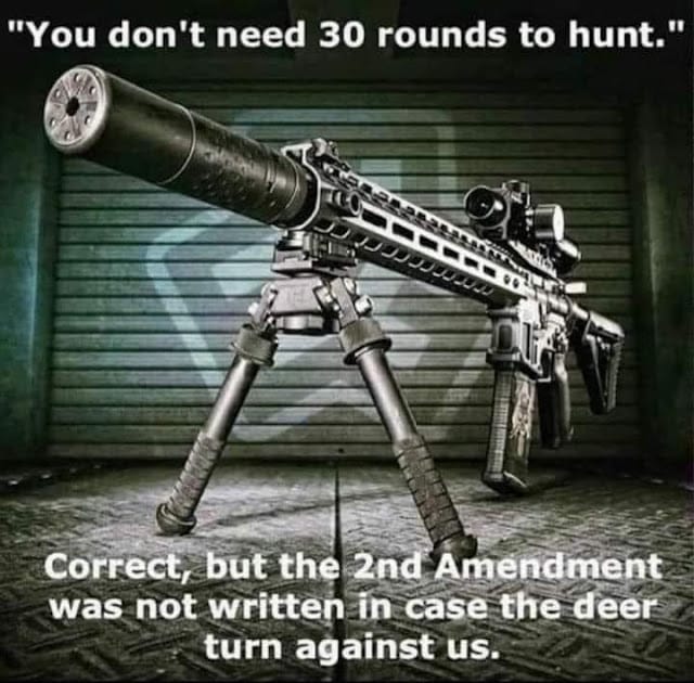 You don't need 30 rounds to hunt correct, but the 2nd amendment was not turned against us, according to NRA newsletters.
