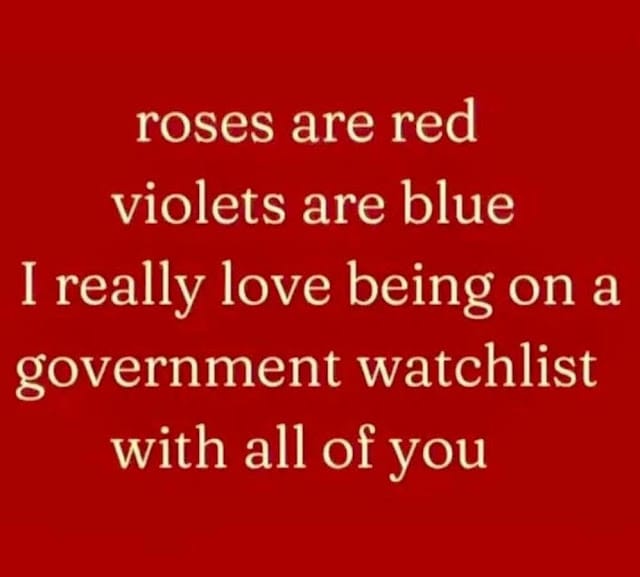Roses are red violets are blue i really love being on a government watchlist with all of you.