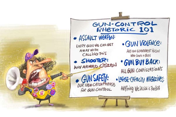 A caricature of an individual loudly proclaiming a gun control rhetoric, standing next to a board listing satirical course content.