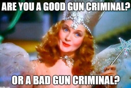 Image of a character resembling glinda the good witch from "the wizard of oz" posing with a wand, captioned with a humorous twist on her iconic line addressing gun crime.