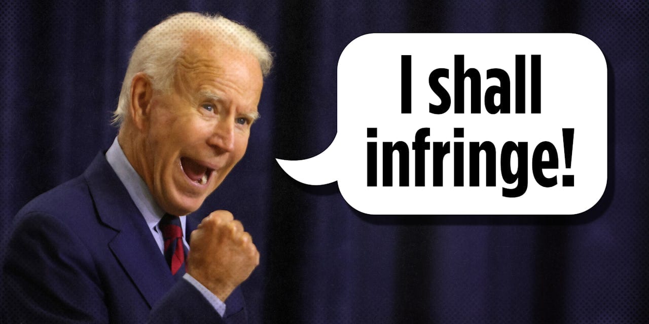 Photo of Joe Biden at a podium speaking animatedly with a speech bubble that says "i shall infringe!