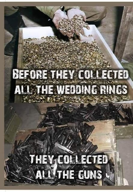 Two images: the top shows hands holding a box filled with wedding rings, the bottom shows crates filled with guns. Text overlay reads: "Before they collected all the wedding rings, they collected all the guns.