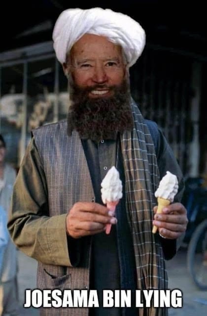 A man with a beard and white turban, wearing a jacket over a traditional robe, happily holding two ice cream cones. text on image reads "joesama bin lying."