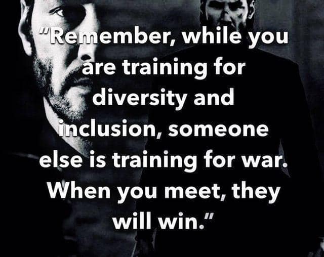Black and white image featuring a quote about training for diversity and inclusion versus training for war, with a blurred figure in the background.