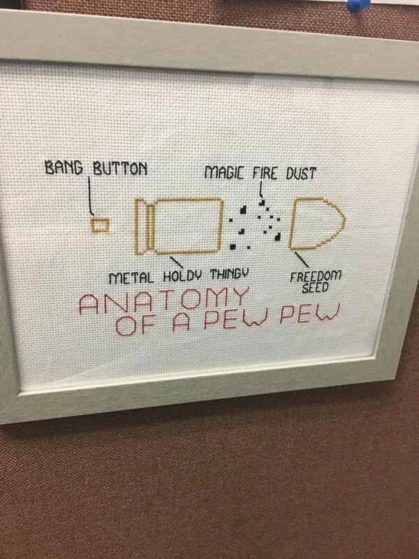 Embroidered diagram humorously labeling the parts of a gun as "bang button," "magic fire dust," "metal holdy thingy," and "freedom seed," titled "anatomy of a pew pew.