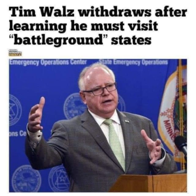 Man in a suit and tie, identified as Tim Walz, gestures while speaking at a lectern. The background has emergency operations signs. Text above reads, "Tim Walz withdraws after learning he must visit 'battleground' states.