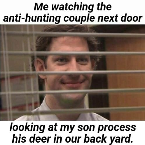 A person looking through blinds with a caption about an anti-hunting couple observing a deer being processed.