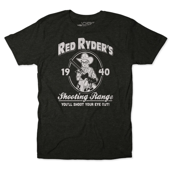 Black t-shirt with "Red Ryder's 1940 Shooting Range" printed in white, featuring a cartoon character with a gun. Text below reads, "You'll shoot your eye out!.