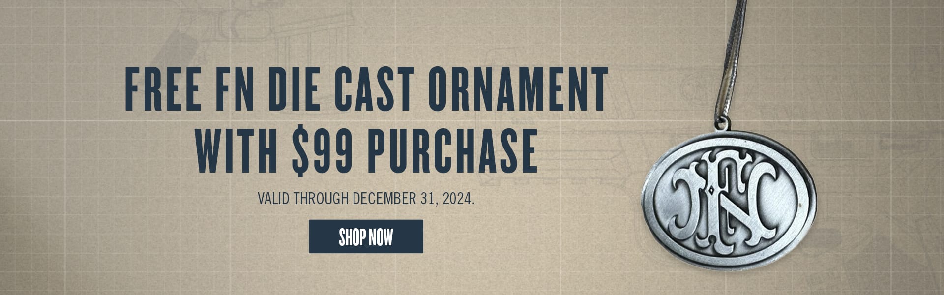 Promotional banner offering a free die-cast ornament with a $99 purchase. Offer valid through December 31, 2024. Includes a "Shop Now" button.