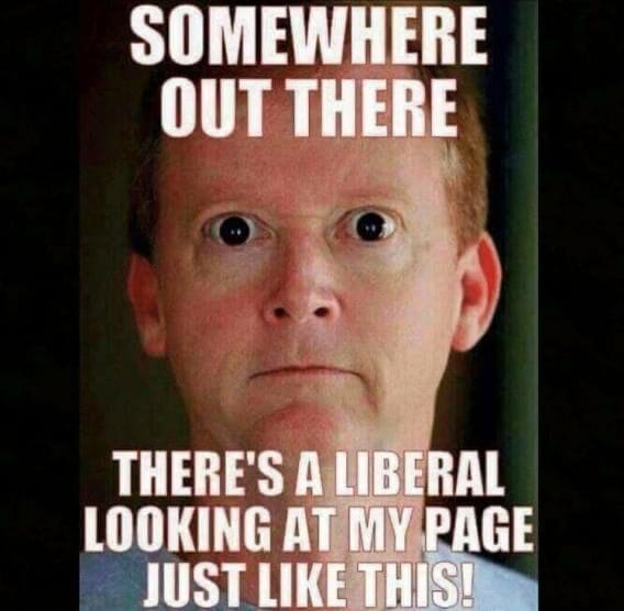 A person with wide eyes and altered pupils is captioned, "Somewhere out there, there's a liberal looking at my page just like this!.