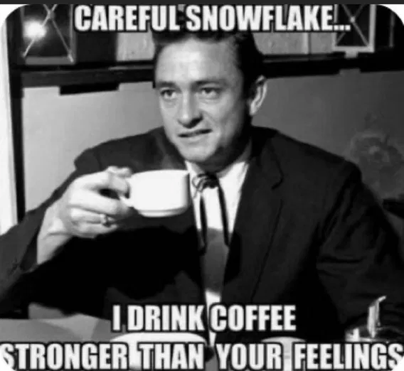 A man in a suit holding a coffee cup, with text above and below him reading, "Careful snowflake... I drink coffee stronger than your feelings.