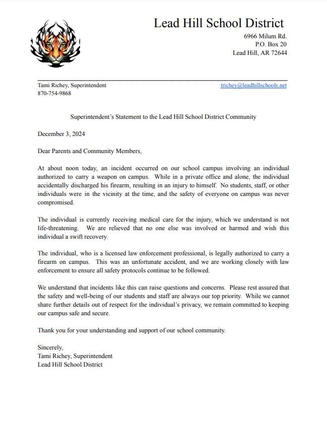 Letterhead from Lead Hill School District addressing a recent incident involving an individual with a firearm on campus. The letter assures safety, details actions taken, and emphasizes the priority of student security.