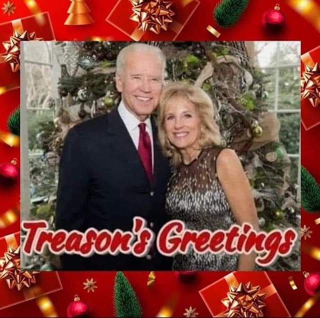 A couple poses in formal attire in front of a Christmas tree within a festive frame. The words "Treason's Greetings" are written at the bottom.