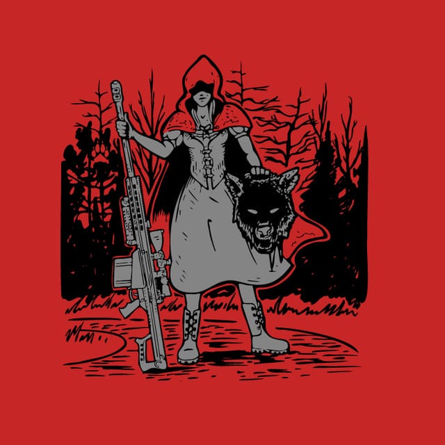 Illustration of a woman in a red hooded cloak holding a rifle and a wolf's head against a red background with a forest silhouette.