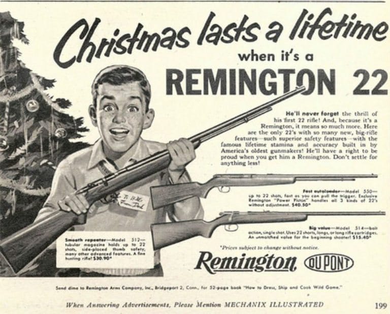 Black and white vintage Remington advertisement featuring a boy holding a rifle in front of a Christmas tree, promoting the Remington 22 rifle as a lifetime gift.