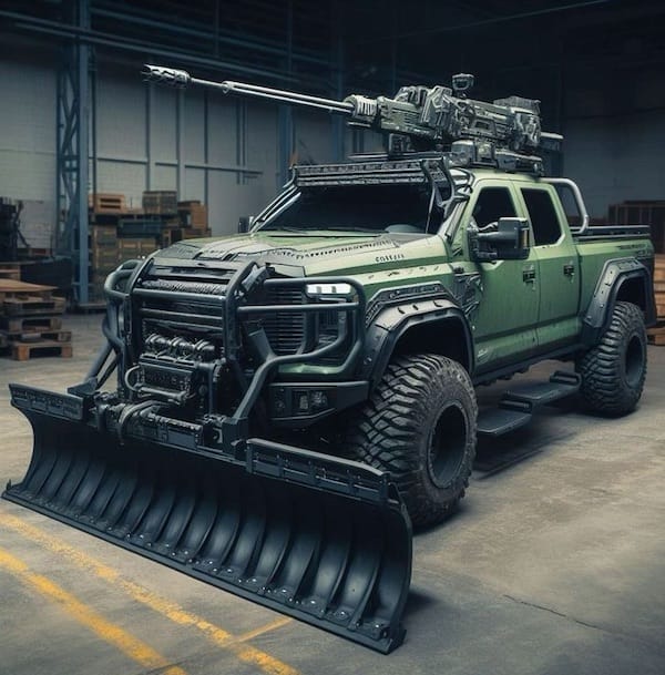 A rugged truck with large tires, mounted gun, and front plow, parked in an industrial warehouse.