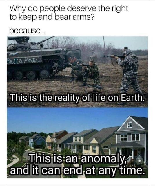 Military personnel next to an armored vehicle in a field above, and a peaceful suburban neighborhood below. Text questions the right to bear arms, contrasting conflict with suburban tranquility.