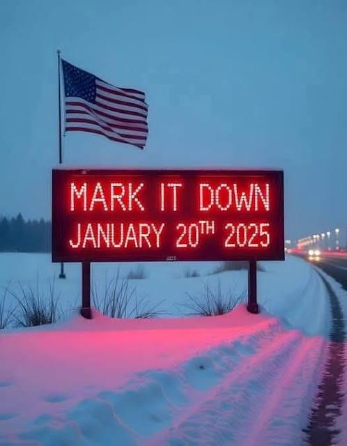 A digital sign reads "MARK IT DOWN JANUARY 20TH 2025" in red lights. An American flag is visible in the background. Snow covers the ground.