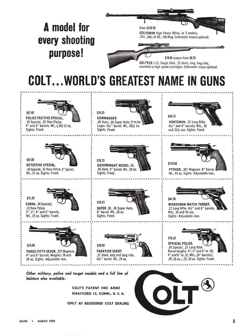 Black and white vintage Colt gun advertisement from 1959, showcasing various pistol and rifle models with descriptions and prices.