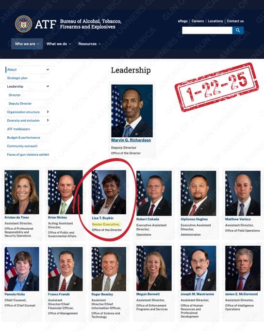 ATF leadership webpage showing photos and titles of leadership team members. Lisa T. Boykin is circled in red. A red stamp marks the date 1-22-25.