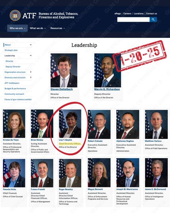 Webpage showing leadership of the ATF with photos and names. One person, Lisa E. Boyd, is circled and labeled as Chief Diversity Officer. A "1-20-25" stamp is visible in the top right.