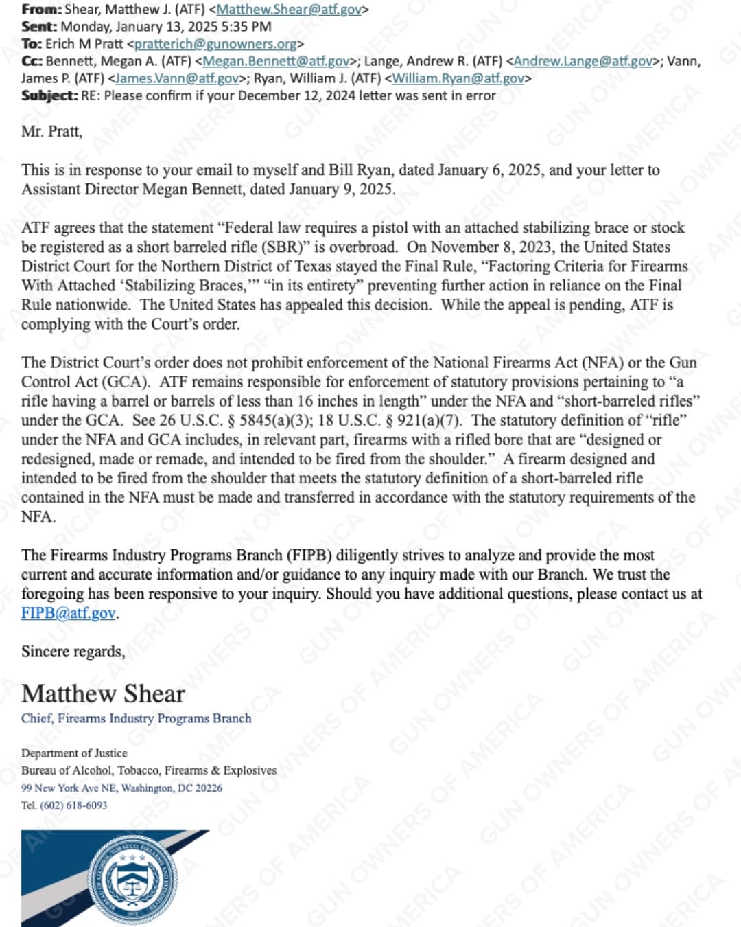 A letter addressed to Mr. Pratt from Matthew Shear of the ATF, discussing firearm regulations and the legality of stabilizing braces. Includes headers, names, and contact information.